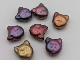 Czech Glass Cat Head Beads – Iridescent Metallic Finish – 7pc Set (13x12mm) - $6.95