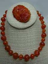 Vtg 14k Gold Clasp Red Carnelian Hand Knotted Carved Bead Necklace &amp; Brooch,79gr - £468.04 GBP
