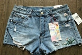 Almost Famous High Rise Denim Shorts Distressed Embroidered Raw Hem NWT 3,7,19 - £25.75 GBP
