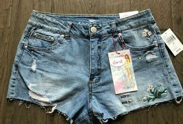 Almost Famous High Rise Denim Shorts Distressed Embroidered Raw Hem NWT ... - £23.70 GBP