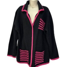 A Giannetti Womens Cardigan Sweater Black Pink Size 1X Wool Button Pockets - £38.66 GBP