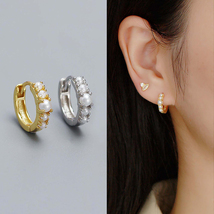 Pearl Huggie Hoop Earrings Gold,Silver Dainty Daily Pearl Earrings Fine Jewelry - £10.95 GBP