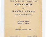 Gamma Alpha Iowa Chapter Initiation Program and Munn&#39;s Grill Menu 1936  - $21.78