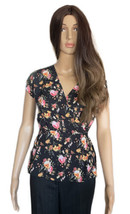 NO BOUNDARIES Black Floral SHORT Sleeve Wrap Top Blouse Size Small - £7.77 GBP