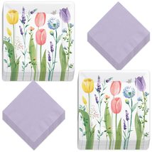 HOME &amp; HOOPLA Spring Tulip Garden Square Paper Dinner Plates and Luncheon Napkin - £15.81 GBP
