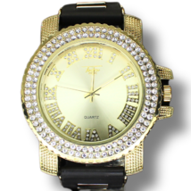 Men&#39;s 2 Row Big Face  Bezel Iced up 44mm HipHop CZ Gold Plated Rubber Ba... - £23.97 GBP