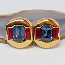 Vintage Art Deco NAPIER  Red &amp; Blue Crystal Earrings Gold Tone - £19.99 GBP