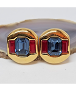Vintage Art Deco NAPIER  Red &amp; Blue Crystal Earrings Gold Tone - £19.50 GBP