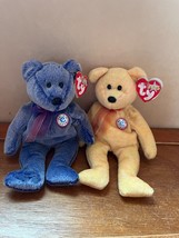 Lot of TY 2000 Beanie Baby E SUNNY &amp; PERIWINKLE Plush Yellow &amp; Blue Tedd... - $11.29