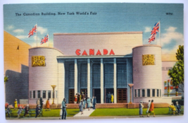 New York Worlds Fair Postcard Canadian Building People Flags Linen 1939 Tichnor - £6.37 GBP