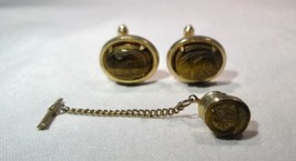 Vintage Anson Tigers Eye Warrior Gold Tone Cufflinks and Tie Tack Set K1191 - £38.96 GBP