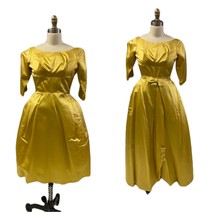 VTG 1960s Gold Satin Taffeta Bubble Cocktail Dress w Maxi Overskirt Even... - $2,691.42 MXN