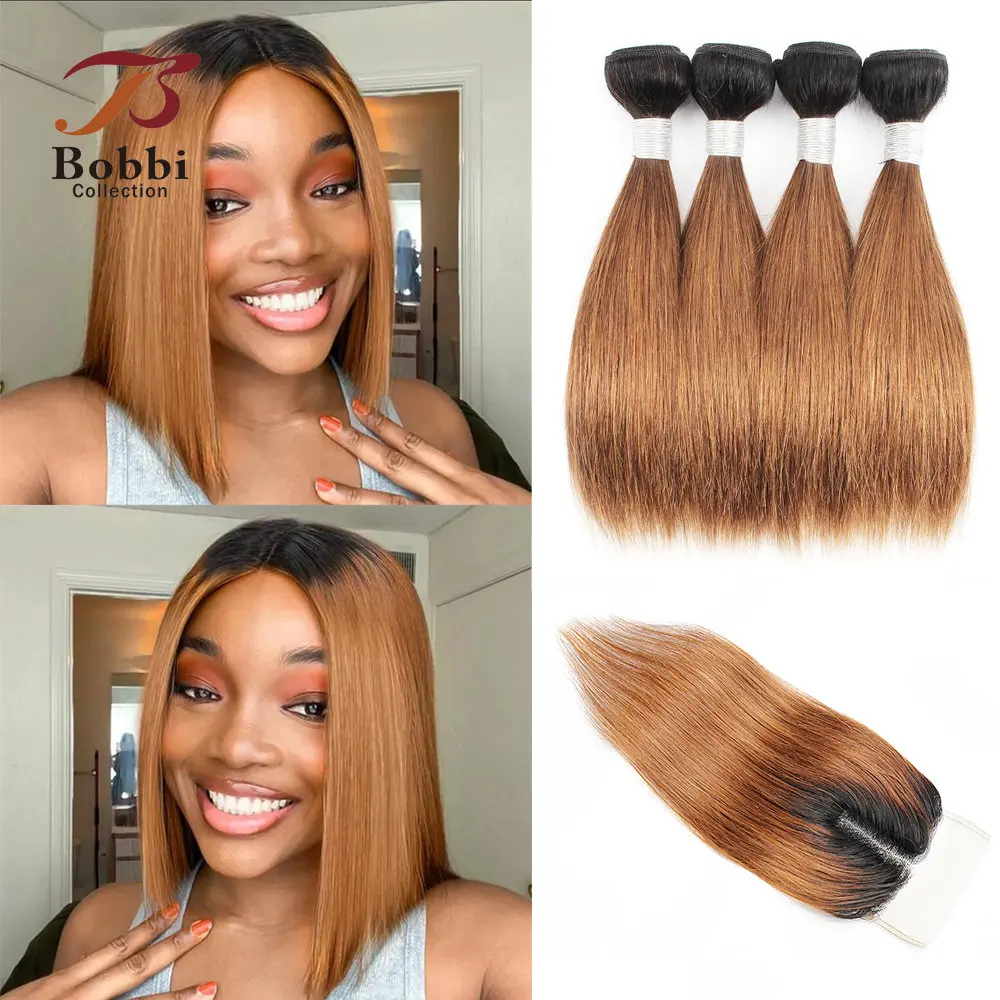  4 bundles with closure transparent 4x1 t lace middle part ombre ginger blonde straight thumb200