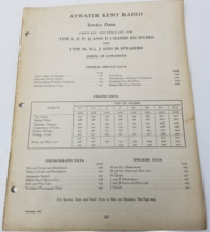 Atwater Kent Radio Service Data Type L F P Q F Chassis N N-3 J JB Speake... - $23.70
