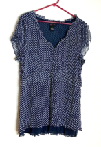 Torrid Womens Sz 4X Blue White Polka Dots Flutter Sleeves Sheer Ruffle Hem VNeck - £15.71 GBP