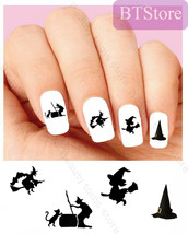 Nail Art Water Transfer Stickers Decal Halloween black cat witch hat KoB-1226 - £2.40 GBP