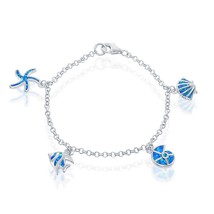 Sterling Silver Blue Inlay Opal Shell and Fish Charm Bracelet - £76.64 GBP
