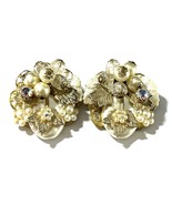 Vintage Cluster Clip-On Earrings Faux Pearl &amp; Rhinestone Floral Leaf Design - $24.95