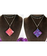 TWO SIDED Leaded Glass PENDANT Vintage NECKLACE Red &amp; Blue Silvertone Ch... - €23,98 EUR