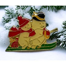 Vintage Christmas Pin Snowman Skiing Brooch Gold Tone Enamel Sledding - £9.41 GBP