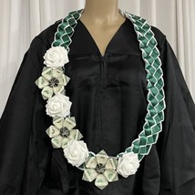 Graduation Money Lei Flower Deep Green &amp; White Roses Four Braided Ribbons - £55.26 GBP