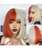MUPUL Half Blonde And Half Red Short Bob Wigs For Women With Bangs 12&quot; Straight  - £11.69 GBP