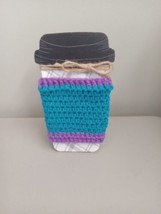 Handmade Crocheted Coffee Cup Cozy/Sleeve-Teal &amp; Purple-New-Makes A Grea... - £7.99 GBP