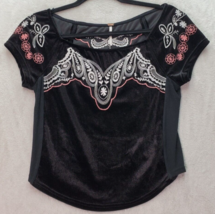 Free People Blouse Top Women XS Black Velvet Embroidered Short Sleeve Round Neck - £13.98 GBP