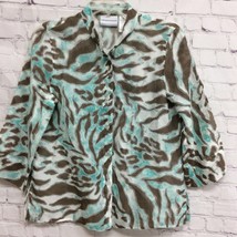 Alfred Dunner Womens Button Front Shirt Green Zebra Long Sleeve Slit Petites 6P - £7.13 GBP