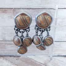Vintage Clip On Earrings Tan and Grey Dangle Statement Large - $15.99