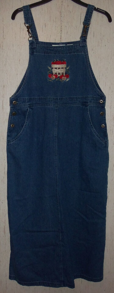 EXCELLENT WOMENS CC Hughes &quot;Apples&quot; DENIM JUMPER DRESS W/ POCKETS  SIZE L - $37.36