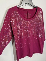Onque Casuals Terry Knit Burgundy Top Silver &amp; Gold Sequins Size Small - £9.58 GBP