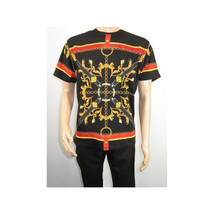 Men LAVERITA European Fashion Crew Shirt Rhine Stones Chain Florals 12085 Black image 7