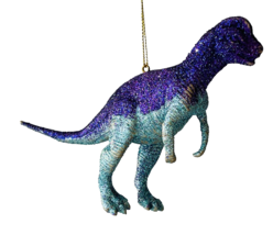 Colorful Dinosaur Christmas Ornament Plastic w/ Purple &amp; Turquoise Glitter - $9.74