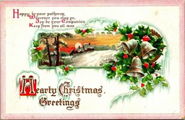 Hearty Christmas Greetings Icicle Border Cabin Scene Bells Holly DB Post... - $15.79