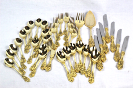 F.B. Rogers 40 Pcs Flatware Stainless Steel Gold Tone Rose W/ Wooden Case - £102.40 GBP