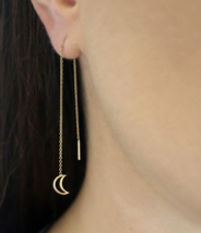 14K 9K Gold Crescent Moon Threader Earrings Long Chain Celestial Dangle Earrings - £91.21 GBP+