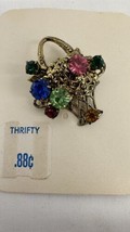 VTG Small Multi Color Rhinestone Antiqued Gold Tone Basket Flower Pin  Thrifty - £15.73 GBP