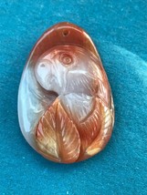 Finely Carved Orange &amp; White Tropical PARROT Bird &amp; Two Leaves Agate Sto... - £29.82 GBP