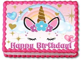 Cute Unicorn Face Edible Image Cake Topper Birthday Cake Topper Frosting Sheet I - £13.16 GBP