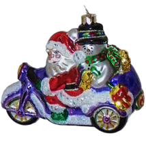 Margaret Cobane Originals Motorcycle Santa and Frosty Hand Blown Glass Ornament - £35.58 GBP