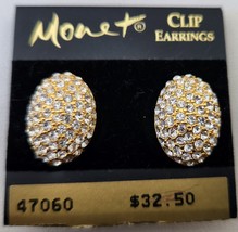 Vintage MONET Clip Earrings Oval Shape Crystal Rhinestones New on Card 1980&#39;s - £19.83 GBP