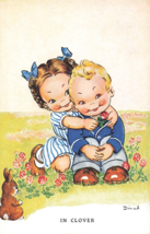 Tuck, Boy &amp; Girl Sitting in Clover Artist Dinah Signed Postcard N44 - £5.64 GBP