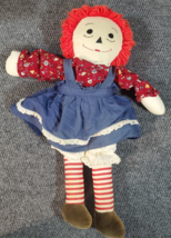 Vtg Raggedy Ann Doll 23 inch Black Nose Red Hair Shirt Stripes Plush Dress - £30.39 GBP