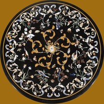 36&quot;x36&quot;  Black Pietradura floral  Marble  Inlay Centre Table Top Shape: Round - £1,749.92 GBP
