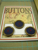 3 Brass + Navy Cloth w invisible holes * VINTAGE BUTTONS * Sewn to ART CARD - $12.69