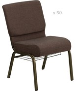 50x Brown 21&#39;&#39; Wide Church Chairs Gold Frame Book Rack 4” Seat Cushion 8... - $4,199.89+