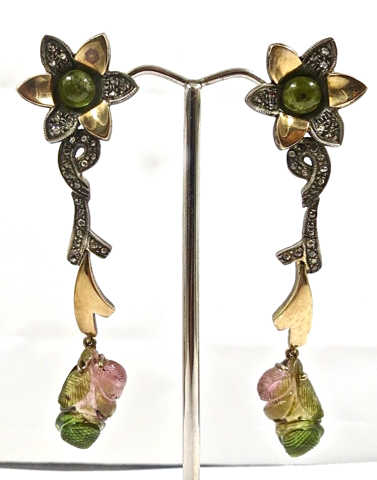 Primary image for Natural Multi Tourmaline Carved Diamond 18 K Gold  925 Silver Victorian Earring