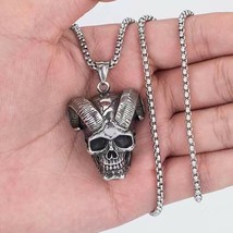 Men Baphomet Satanic Devil Goat Skull Pendant Necklace Stainless Steel Chain 24&quot; - £9.32 GBP