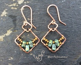 Handmade copper earrings: chained square diamond frame w/ turquoise glass beads - £22.33 GBP